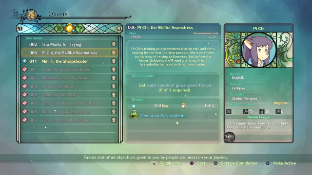 Ni no Kuni 2 Pi Chi Grass Green Thread Skillful Seamstress Quest