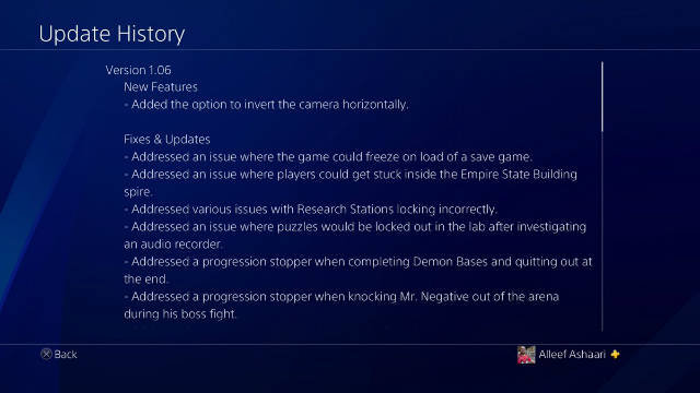 Spider-Man PS4 Update 1.06 Update History 1