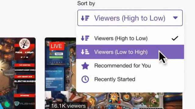 Twitch Viewers Low to High filter
