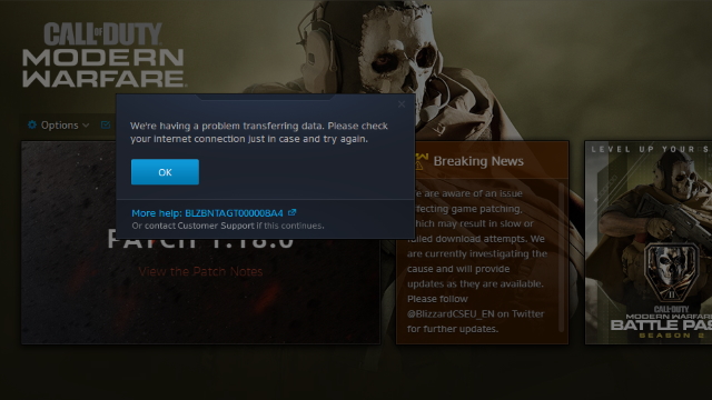 Modern Warfare we are having problems transferring data