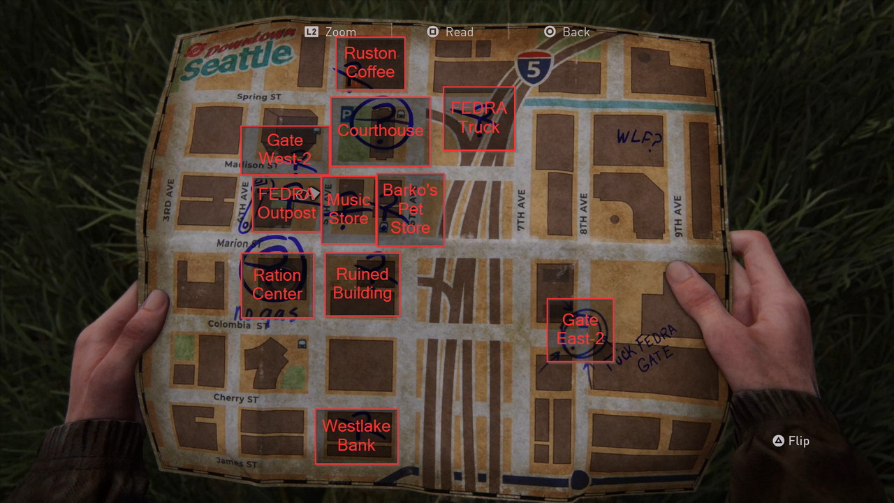 The Last of Us 2 Sightseer Trophy Downtown Map Labeled