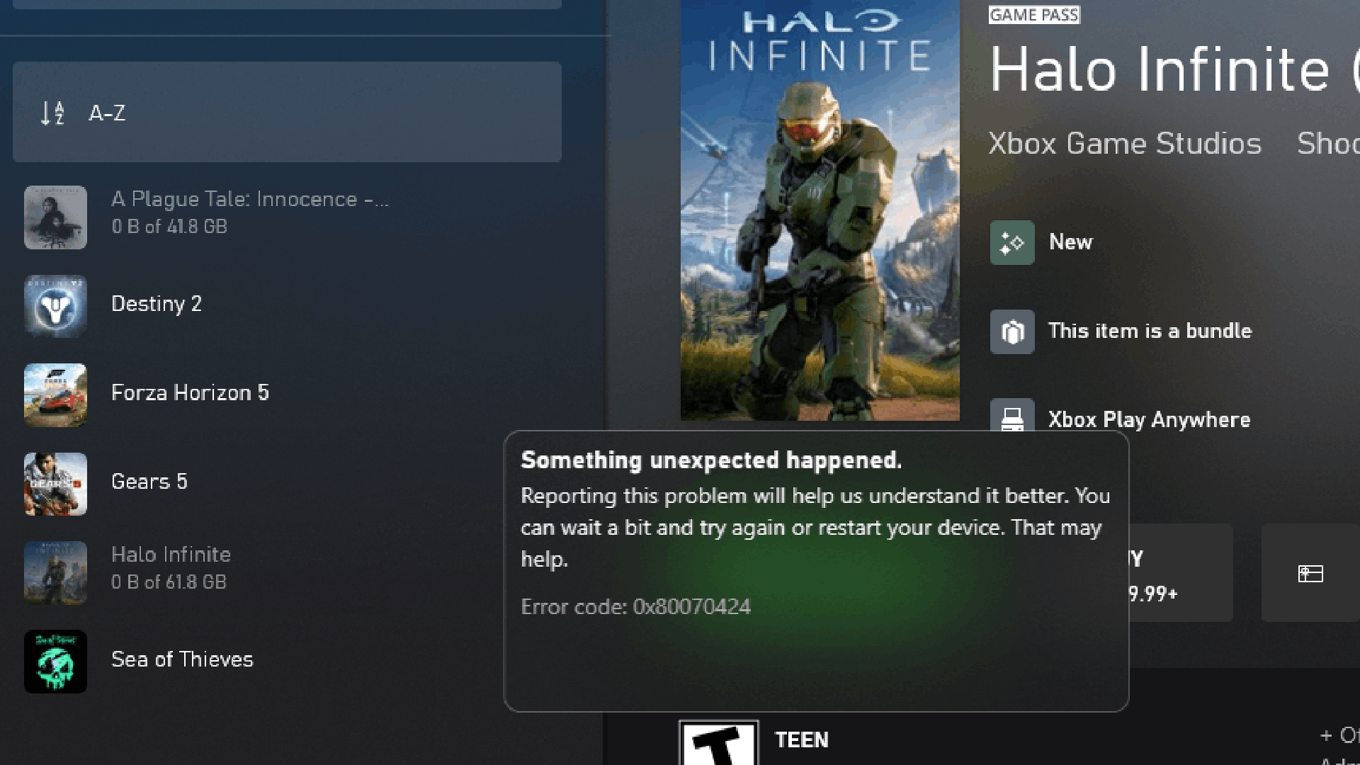 Halo Infinite PC Error Code 0x80070424