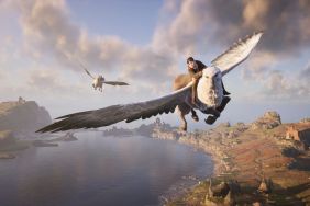 hogwarts legacy screenshot showing wizard flying on creature