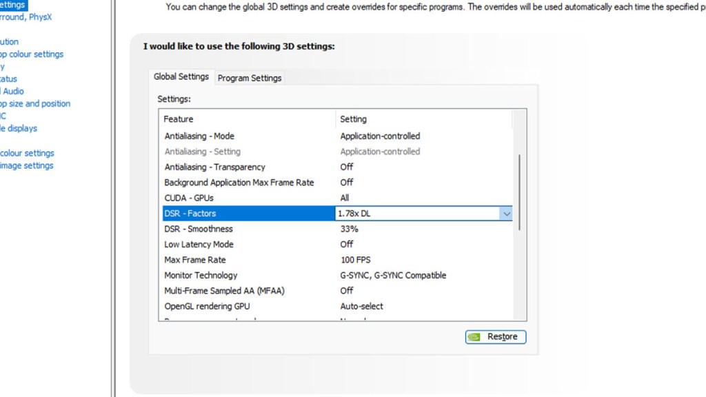 NVIDIA DLDSR GeForce Control Panel