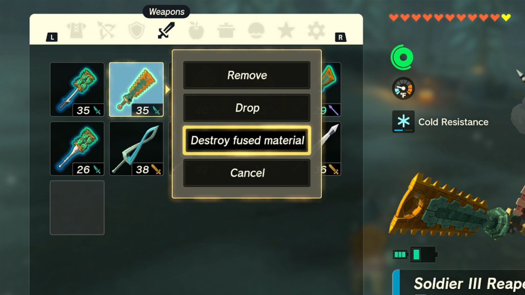 Zelda Tears of the Kingdom Destroy Fused Material option