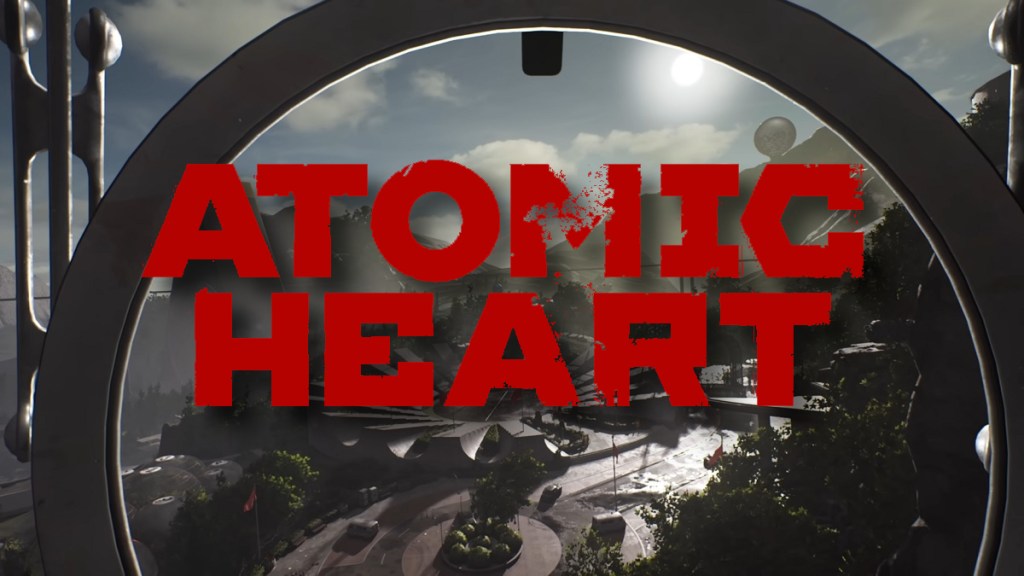 Atomic Heart red logo with a city below.