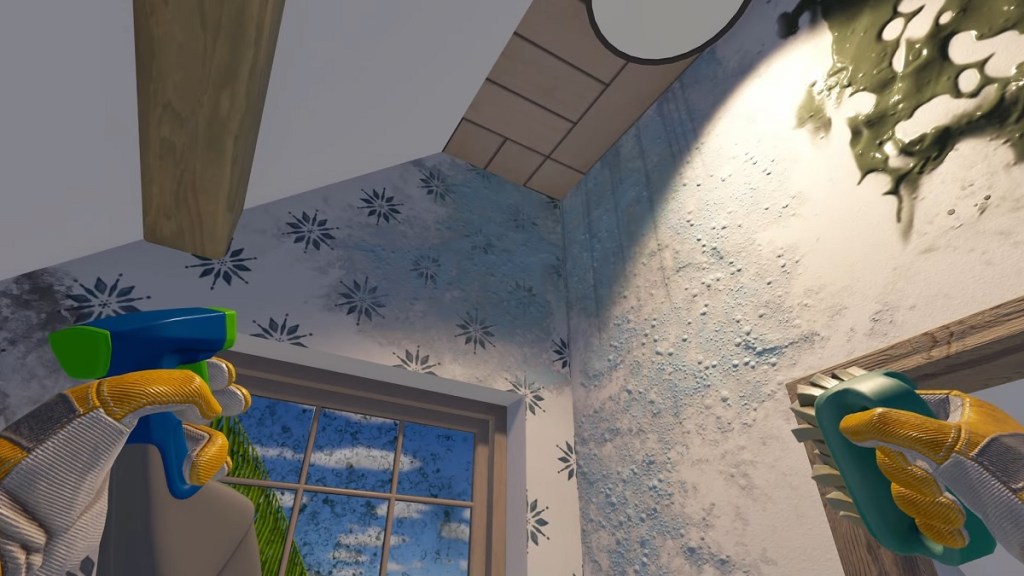 House Flipper 2: someome cleaning a wall.