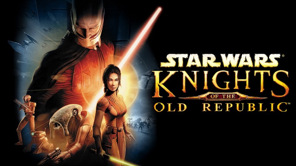 Knights of the Old Republic logo on a black background with Star Wars characters off to the side.