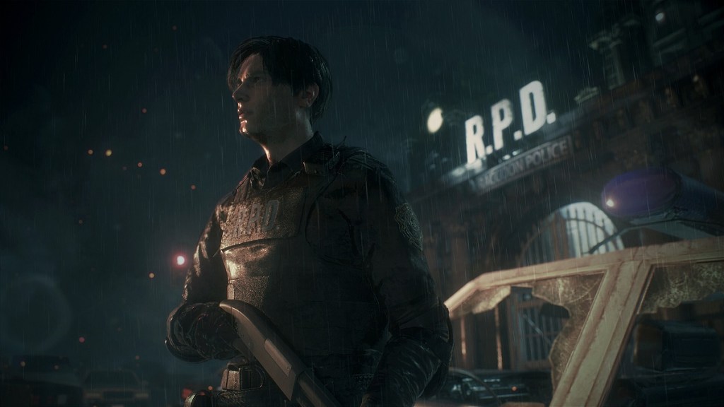 Resident Evil 2 Remake: Leon stood in the rain outside RPD.