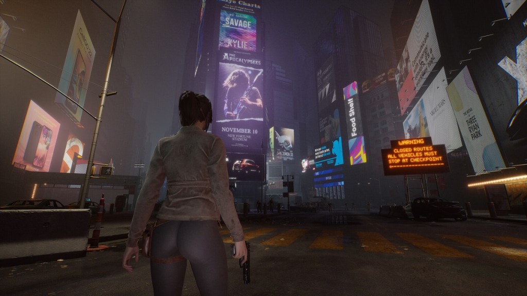 The Day Before: a woman holding a gun stands in the middle of a city at night.