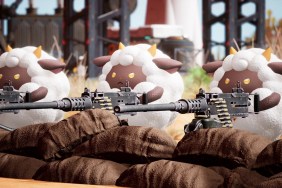 Palworld: a row of lamballs firing heavy machine guns.