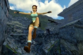 Tomb Raider Remastered: Lara Croft jumping down off a cliff.