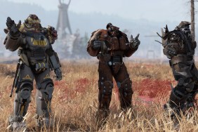 Fallout 76: three people in Brotherhood of Steel armor standing in a field.