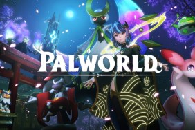 Palworld: a female character and some of the game's Pals pose in a Japanese-inspired land.