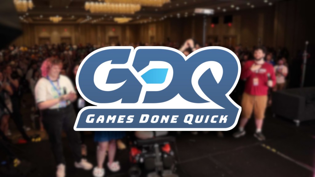 Summer Games Done Quick 2024 logo with gamers behind it.