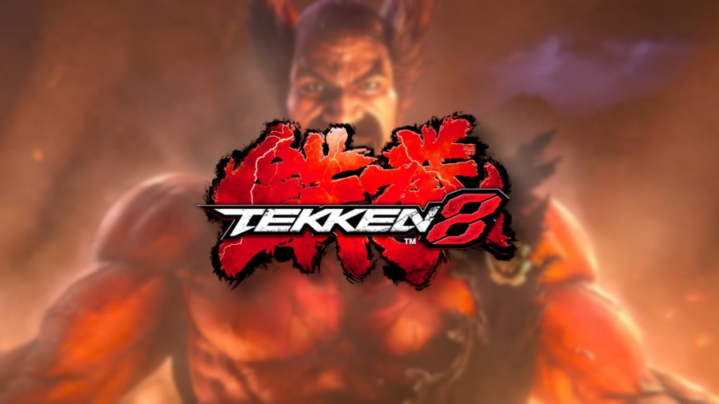 The red and white Tekken 8 logo with a blurry Heihachi Mishima yelling in the background.