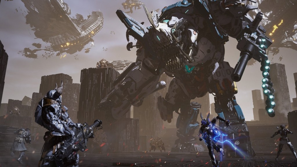 The First Descendant: futuristic soldiers taking on a gigantic, metal robot.