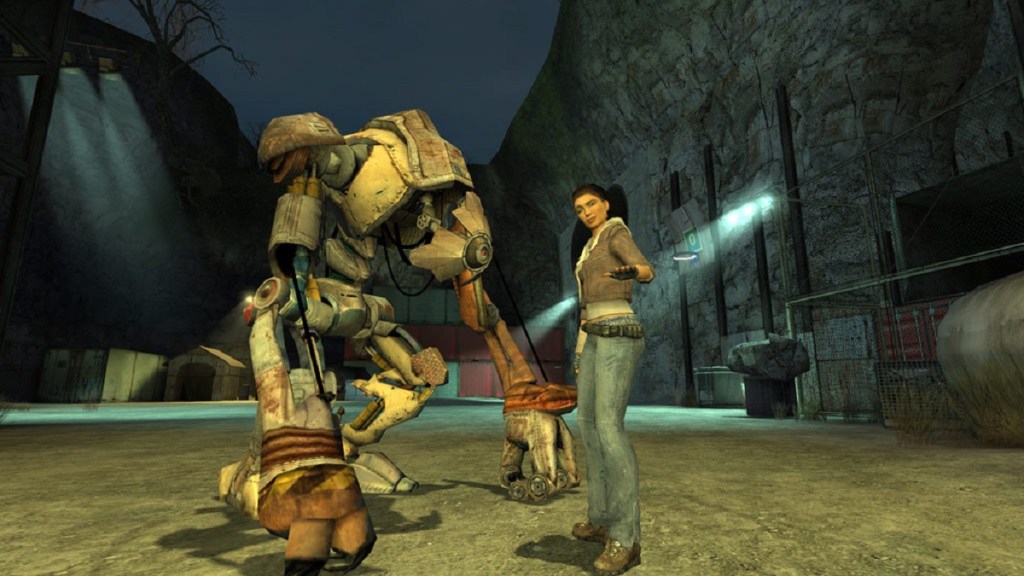 Half-Life 2: Alyx Vance and her robot "Dog" pose in a junkyard.