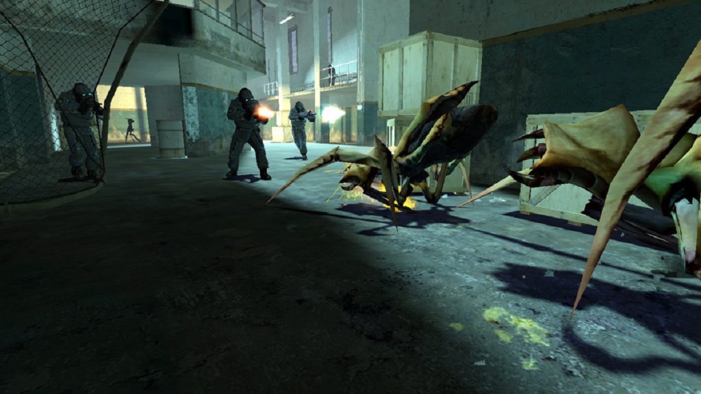 Half-Life 2: combine soldiers shoot attacking antlions in a prison.