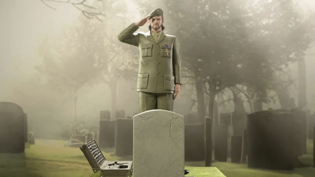 Metal Gear Solid 3 Snake Eater: Big Boss stands and salutes a grave and headstone.