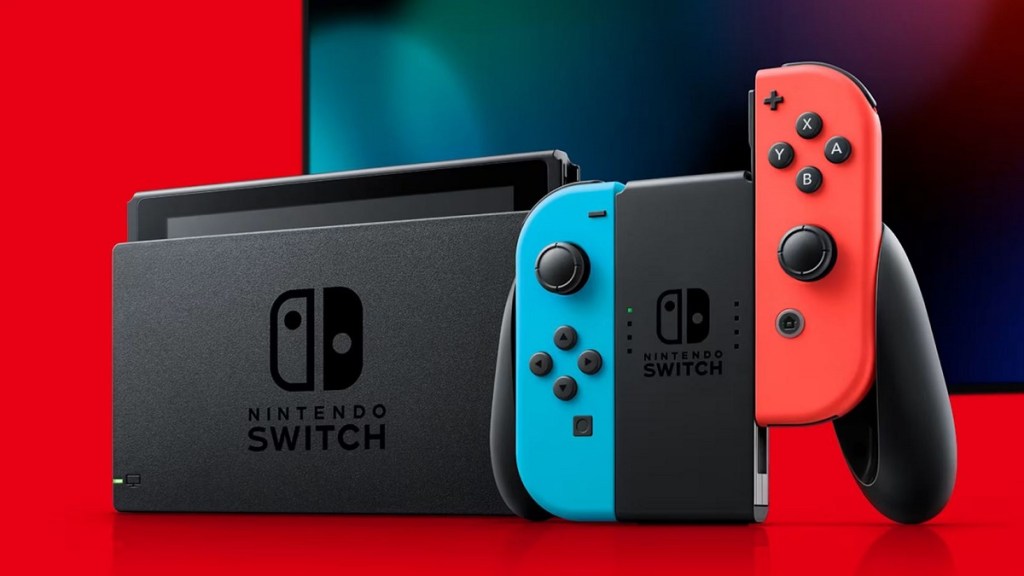 A Nintendo Switch a controller on a red background with a screen in the background.