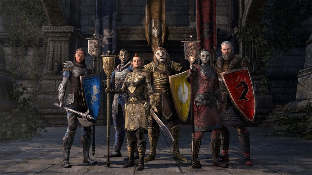 The Elder Scrolls Online: fantasy characters, including a Khajiit and an Orc, stand to attention while holding shields and weapons.